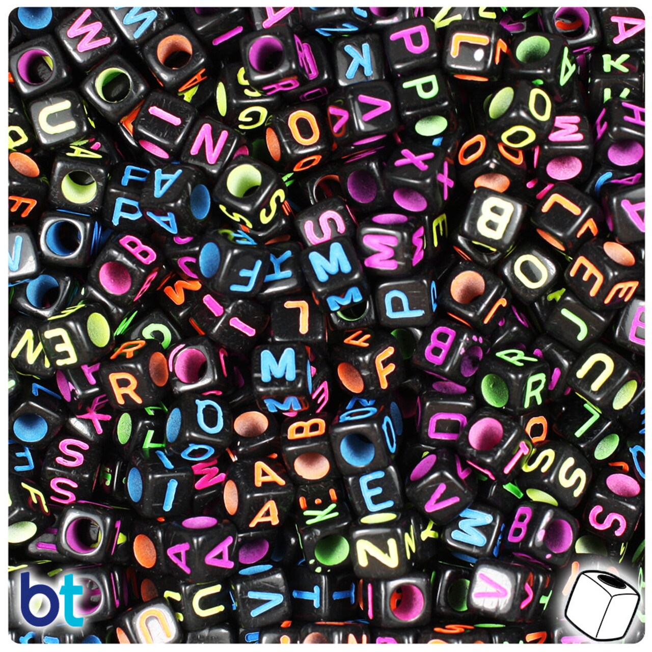 BeadTin Black Opaque 6mm Cube Plastic Alpha Beads - Colored Letter Mix (200pcs)